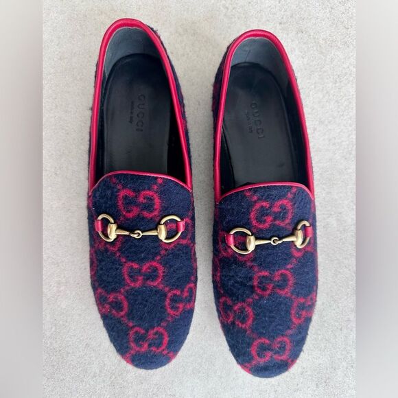GUCCI Jordaan GG Monogram Horsebit Wool Flat Loafers Navy Blue & Red EU 37 US 7 - Picture 2 of 10